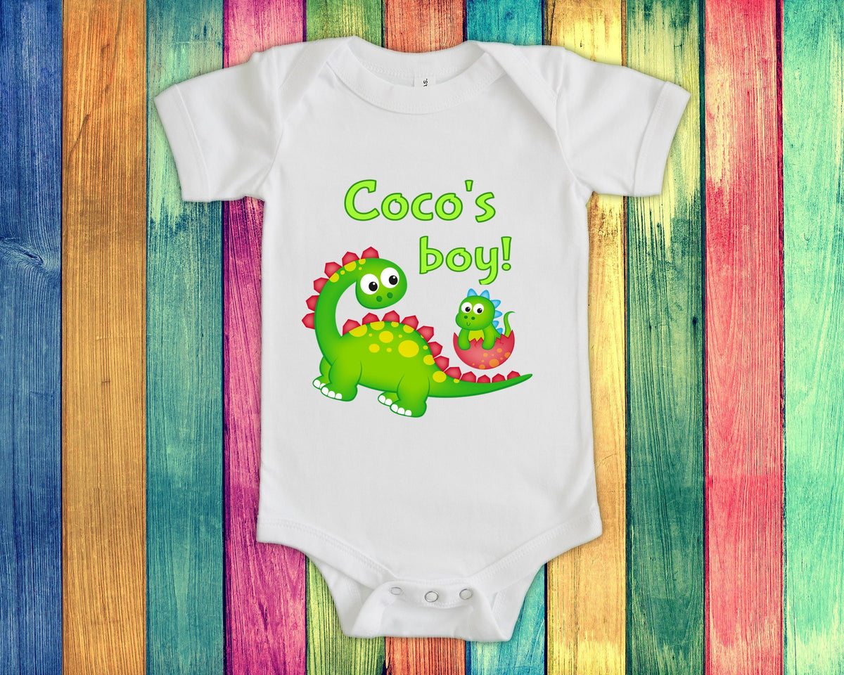 Coco39s Boy Cute Grandma Name Dinosaur Baby Bodysuit Tshirt or Toddler Shirt for a Special Grandmother Gift or Pregnancy Reveal Announcement Graphic Tee – Soft Feel · High-Quality Print