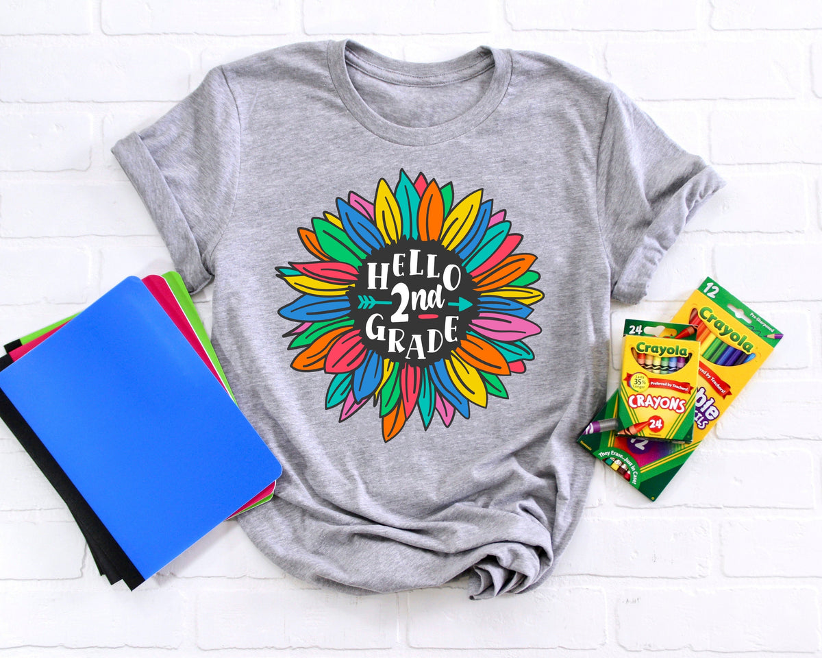 Hello 2nd Grade Sunflower ShirtsTeach Love InspireBack To School ShirtFirst Grade Teacher TeeTeacher Appreciation Tee1st day of school Graphic Tee – Cozy Vibes · Perfect For Daily Wear