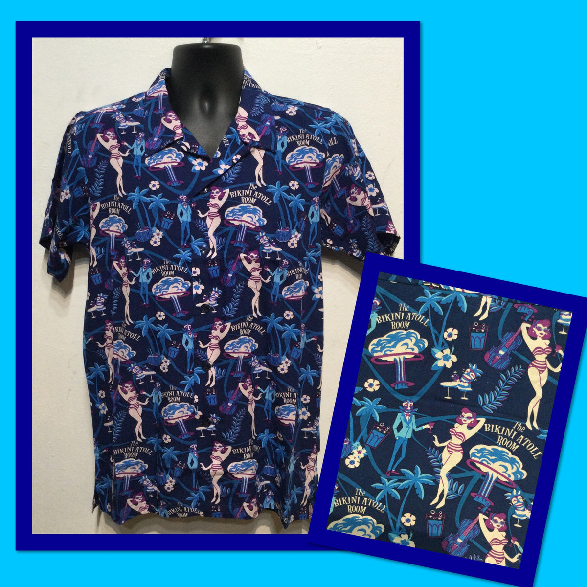 AT012 Americana 195039s style rayon atomic print quot The Bikini Atoll Roomquot shirt by Atomik Tiki Graphic Tee – Fan Favorite · High-Quality Print