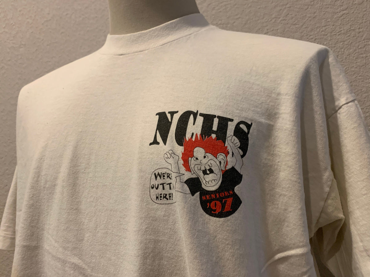 Vintage 90s NCHS Seniors 1997 quotWe39re Outta Herequot White T Shirt Size XL Graphic Tee – Feel-Good Design · Must-Have Style