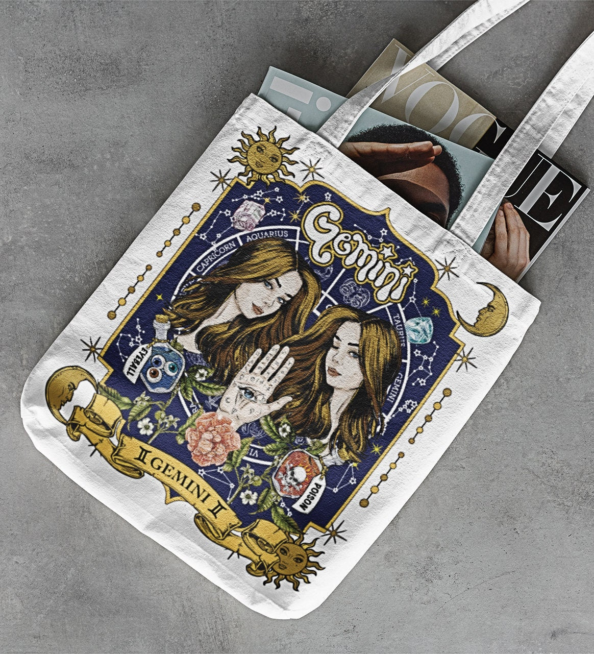 Gemini Zodiac Tote Sun Moon Star Print Celestial Graphic Boho Gothic Goth Birthday Handbag Cool Shoulder Bag Bday Aesthetic Purse Tote Bag – Premium Graphic · Great Gift For Fans