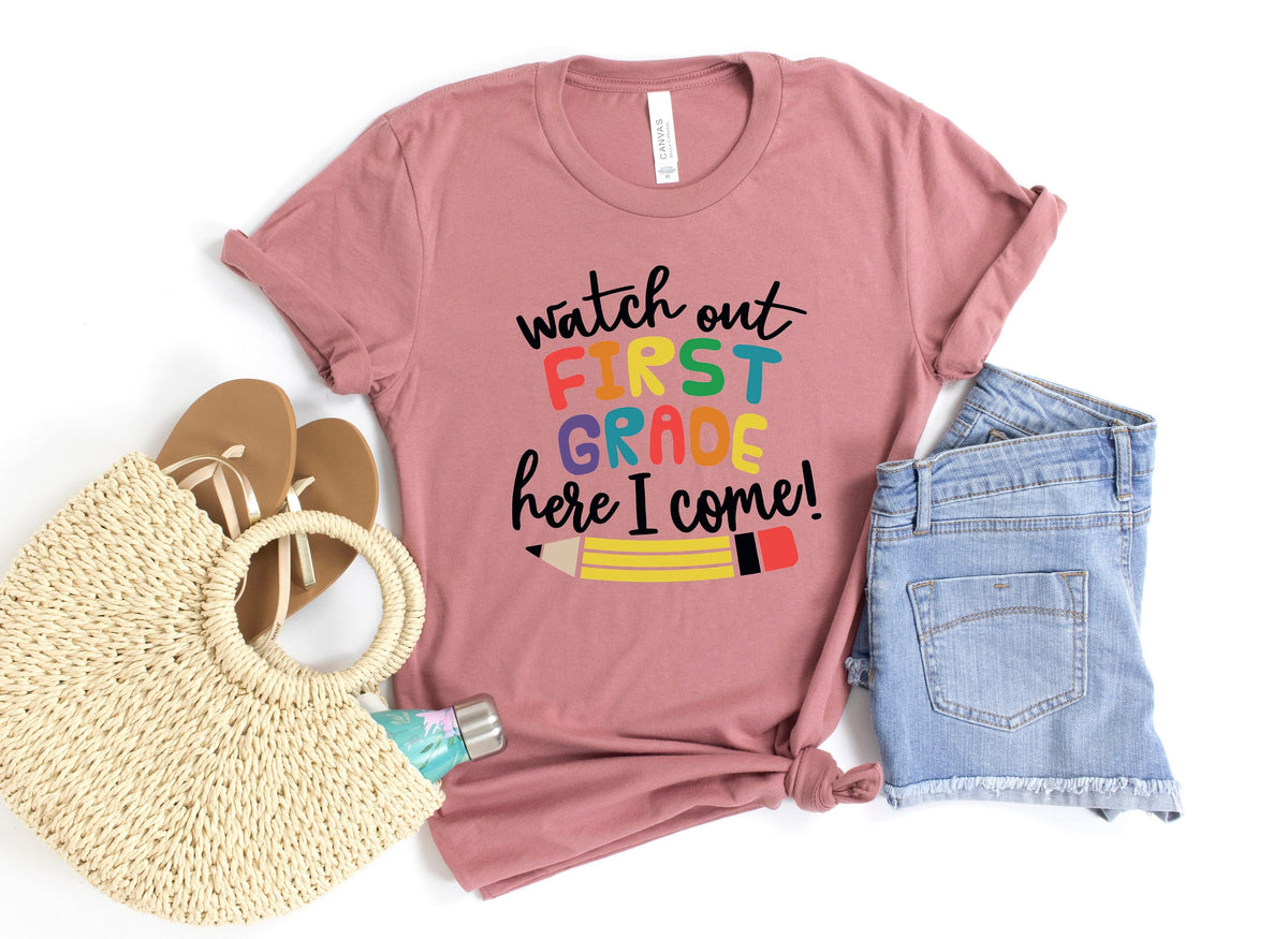 Watch Out first Grade Here I Come ShirtBack To School ShirtFirst Grade Teacher TeeTeacher Appreciation Tee1st day of schoolSchool Shirt Graphic Tee – Warm & Stylish · High-Quality Print
