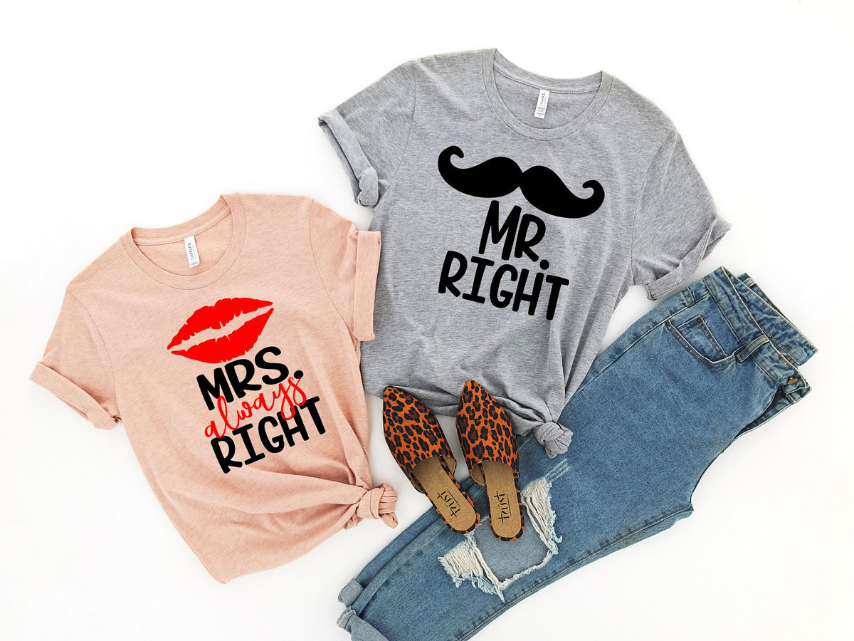 Mrs Always Right and Mr Right Wedding Party Honeymoon ShirtWedding ShirtWife and Hubs Shirts Just Married Shirts Matching Couple Shirt Graphic Tee – Cozy Vibes · Must-Have Style