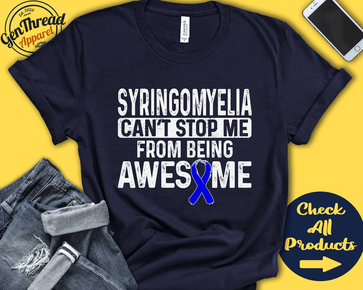Syringomyelia Shirt Syringomyelia Awareness Blue Ribbon Fighter Warrior Surgery Recovery Cant Stop Tank Hoodie A0940 Hoodie – Feel-Good Design · Perfect For Daily Wear