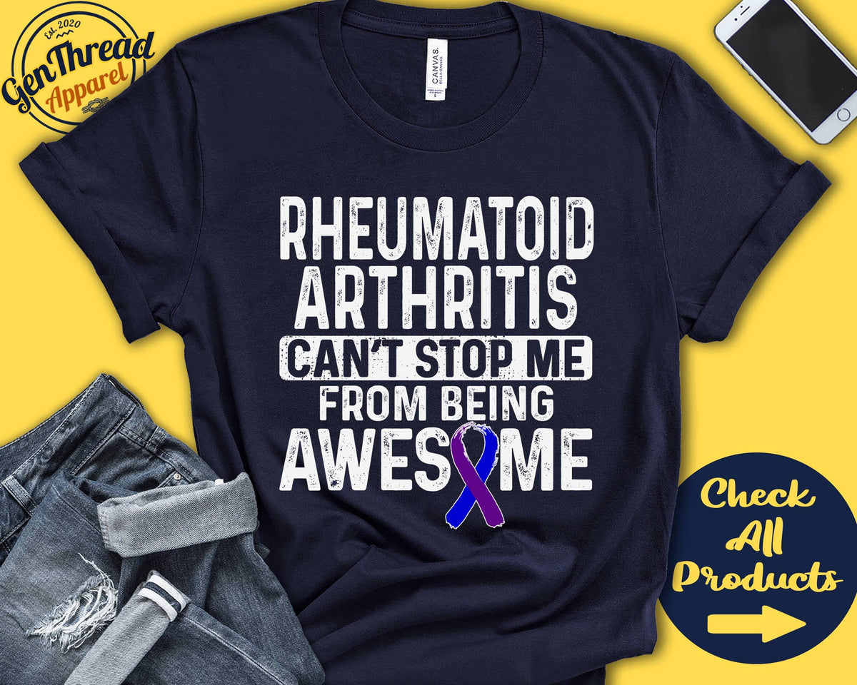 Rheumatoid Arthritis Shirt RS Awareness Purple Blue Ribbon Fighter Warrior Surgery Recovery Cant Stop Tank Hoodie A1168 Hoodie – Premium Graphic · Great Gift For Fans