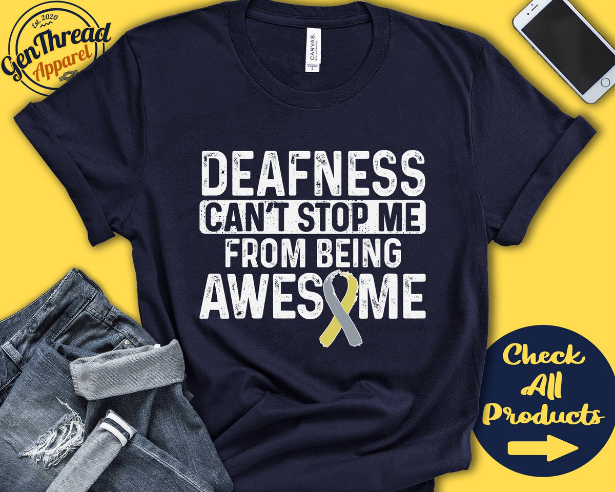 Deafness Shirt Deafness Awareness Silver Gold Ribbon Fighter Warrior Surgery Recovery Cant Stop Tank Hoodie A1186 Hoodie – Bold Style · Perfect For Daily Wear
