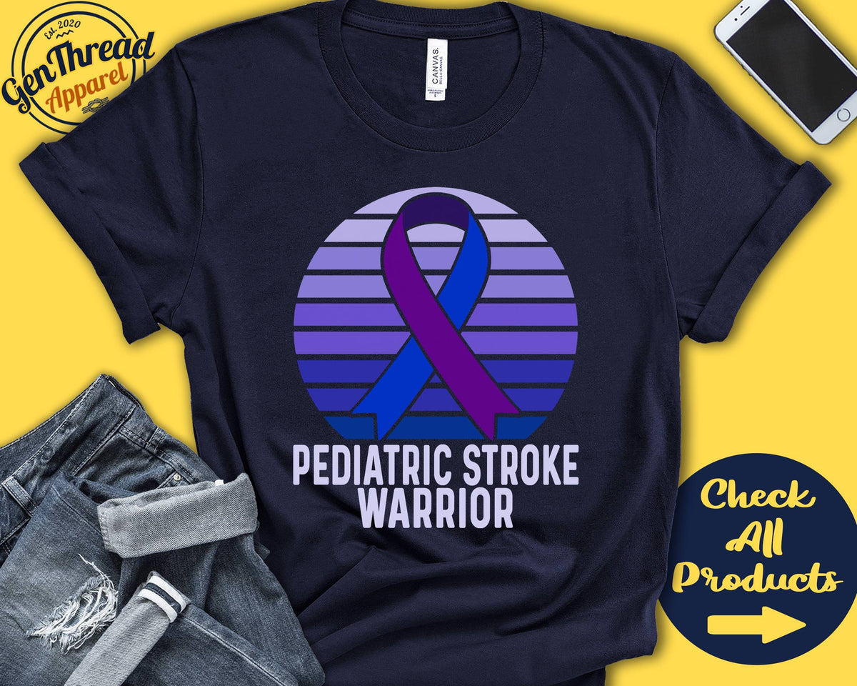 Pediatric Stroke Shirt Pediatric Stroke Awareness Purple Blue Ribbon Warrior Fighter Surgery Recovery Tank Hoodie A1520 Hoodie – Premium Graphic · Must-Have Style