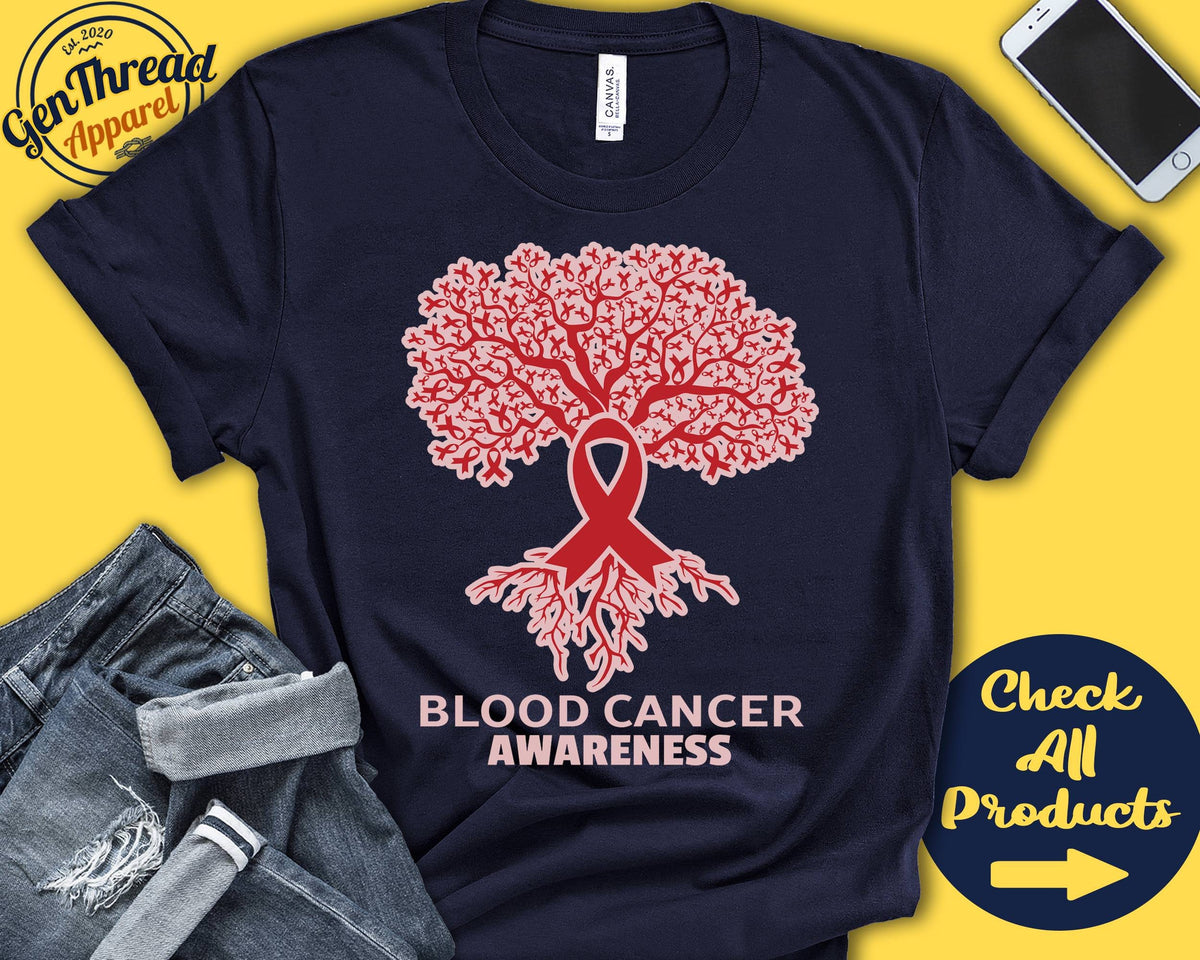 Blood Cancer Shirt Blood Cancer Awareness Tree Of Life Red Ribbon Fighter Warrior Surgery Recovery Tank Hoodie A2708 Hoodie – Warm & Stylish · Great Gift For Fans