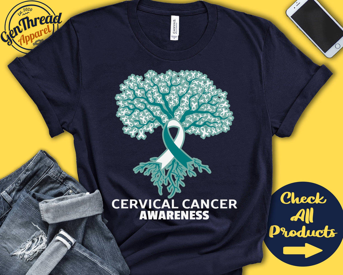 Cervical Cancer Shirt Cervical Cancer Awareness Tree Of Life Teal White Ribbon Fighter Warrior Surgery Tank Hoodie A3011 Hoodie – Feel-Good Design · Perfect For Daily Wear