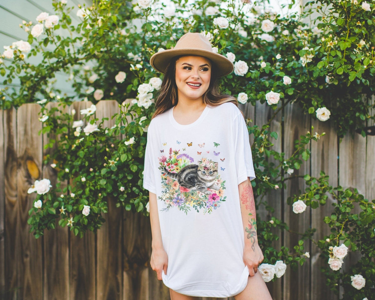 Kitten TShirt with Butterflies Cute Kitten Shirt Gift for Cat Lover Cat Laying in Flowers Gift for Cat Moms Fun Kitten Gift Idea Graphic Tee – Easygoing Wear · High-Quality Print