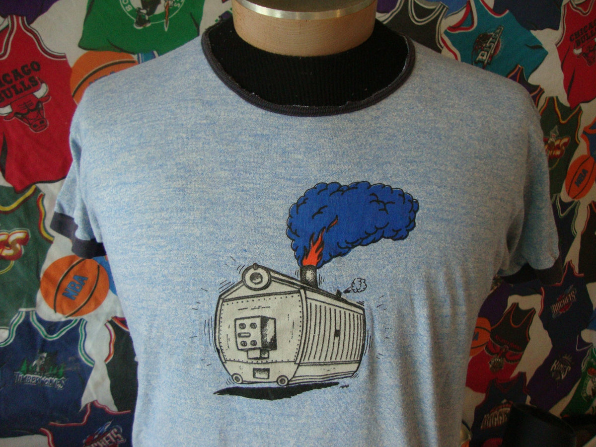Vintage 80s Runaway Train Locomotive Power Systems Heather Blue Rayon Tri Blend T Shirt M Graphic Tee – Aesthetic Look · Must-Have Style