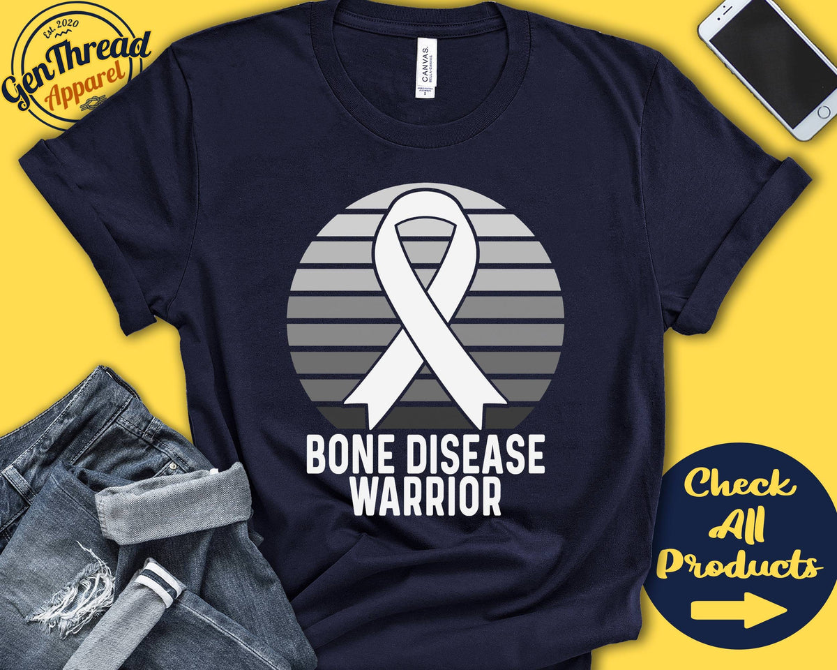 Bone Diseases Shirt Bone Diseases Awareness White Ribbon Warrior Fighter Surgery Recovery Tank Hoodie A1500 Hoodie – Feel-Good Design · Trending Graphic Apparel