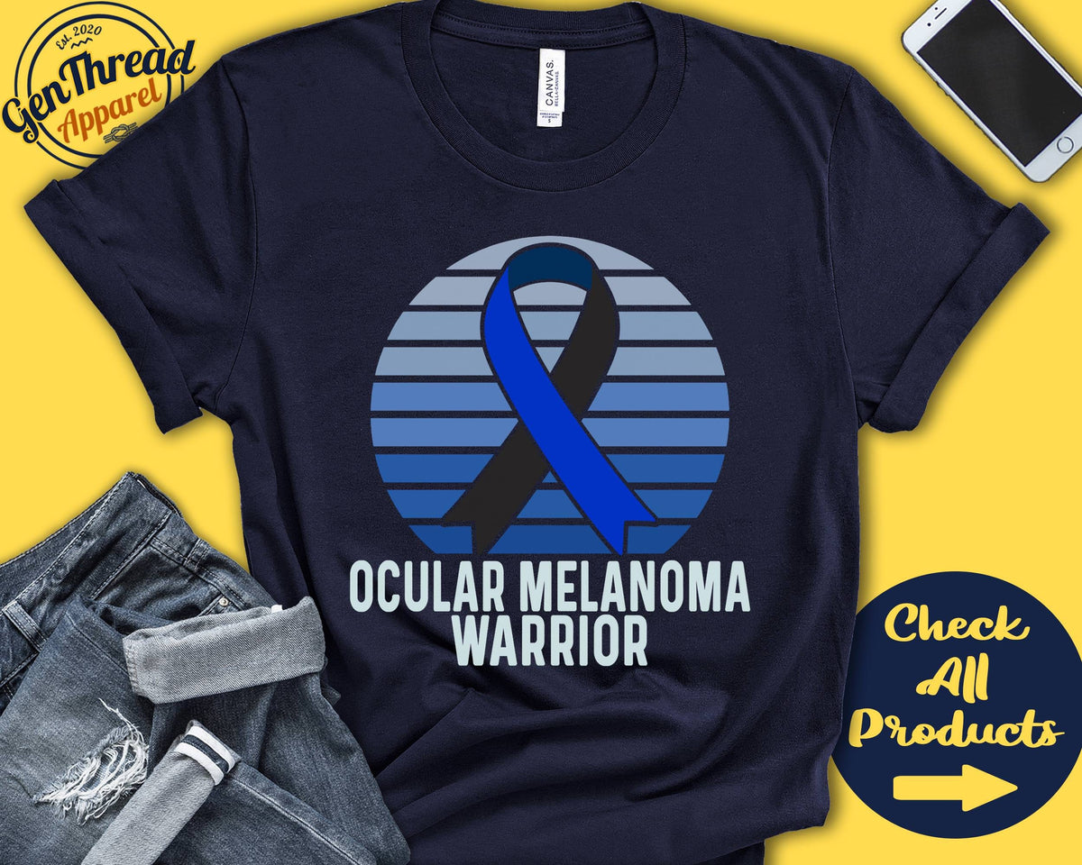 Ocular Melanoma Shirt Ocular Melanoma Awareness Black Navy Ribbon Warrior Fighter Surgery Recovery Tank Hoodie A1503 Hoodie – Feel-Good Design · Perfect For Daily Wear