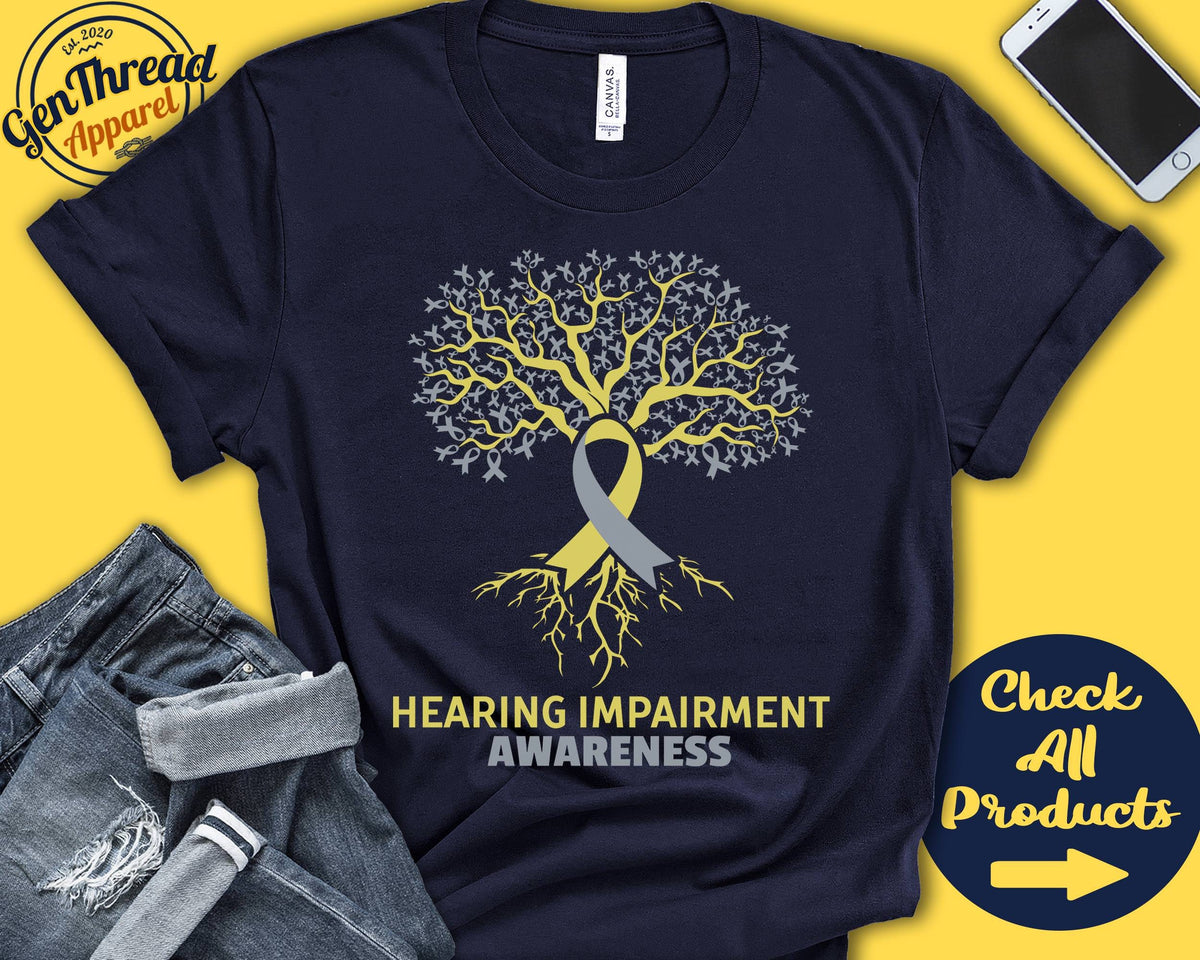 Hearing Impairment Shirt Hearing Impairment Awareness Tree Of Life Silver Gold Ribbon Fighter Warrior Tank Hoodie A3007 Hoodie – Premium Graphic · Great Gift For Fans