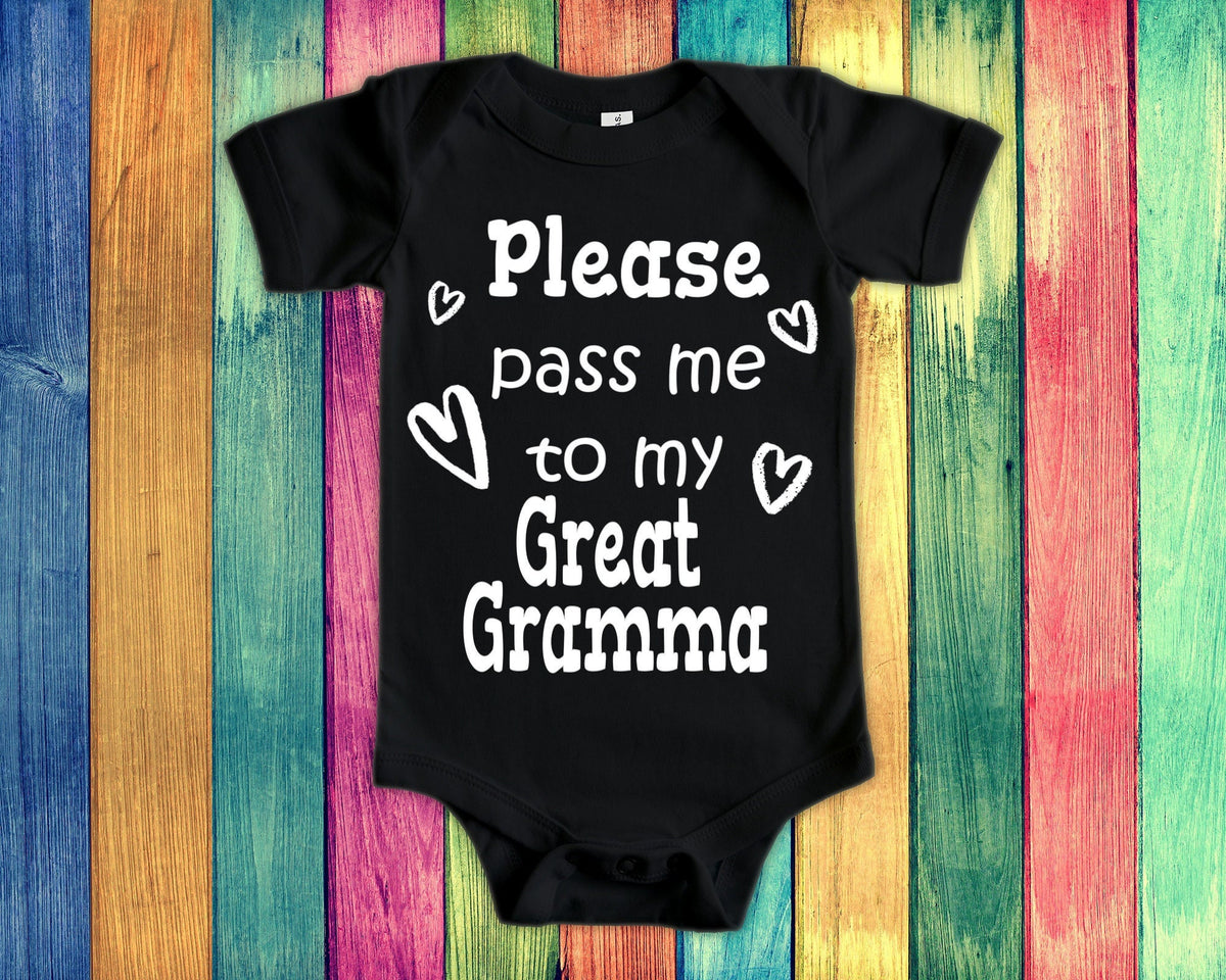 Pass Me To Great Gramma Cute Grandma Baby Bodysuit Tshirt or Toddler Shirt Special Grandmother Gift or Pregnancy Announcement Graphic Tee – Aesthetic Look · Top Pick For Any Outfit