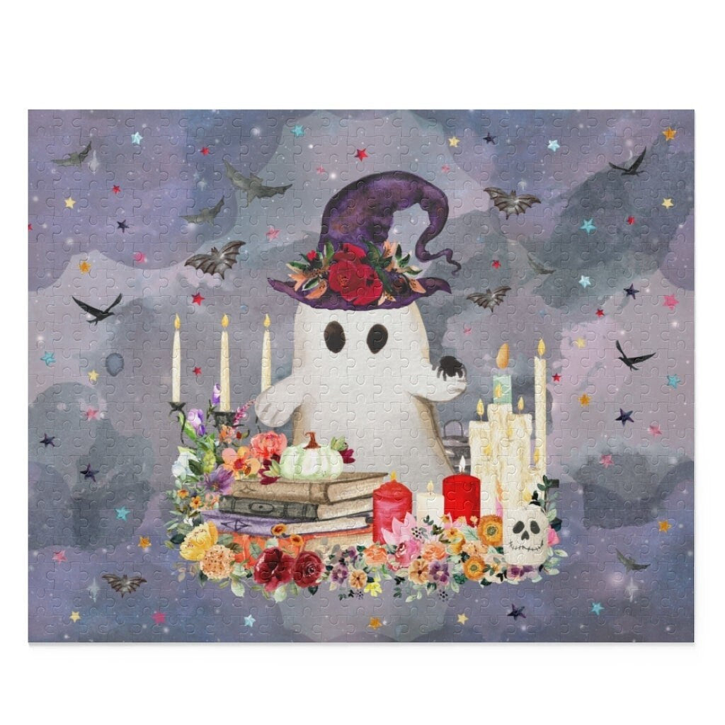 Ghost Puzzle for Halloween 500 Pieces 16x20 Inches Adorable Ghost with Flowers and Bats Halloween Candles and Flowers Fall Puzzle Graphic Tee – Aesthetic Look · Perfect For Daily Wear