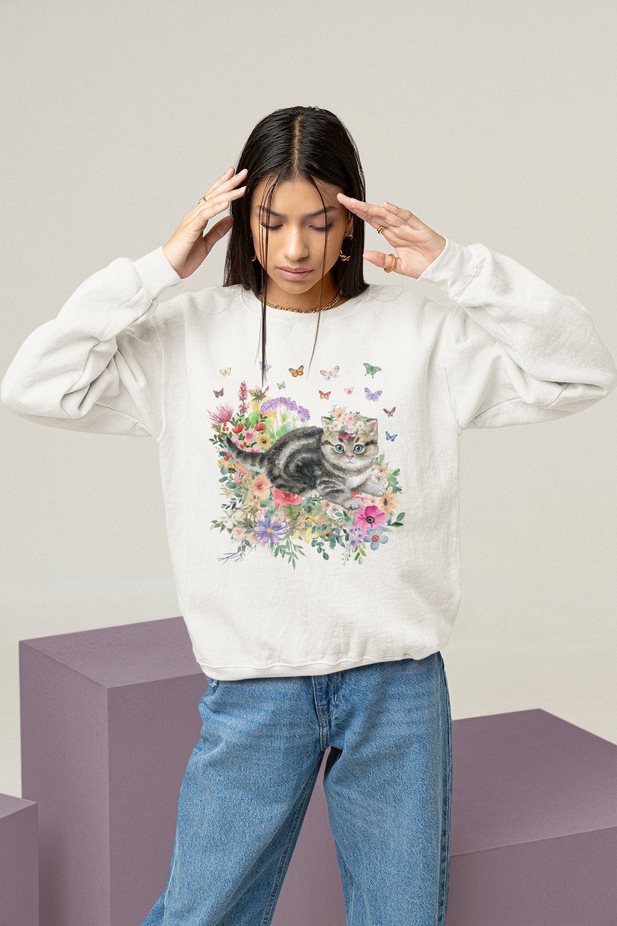 Kitten Sweatshirt Butterflies and Flower Cute Cat Gift Adorable Flower Sweatshirt with Kitten Gift for Cat Moms Fun Kitten Gift Idea Sweatshirt – Easygoing Wear · Perfect For Daily Wear