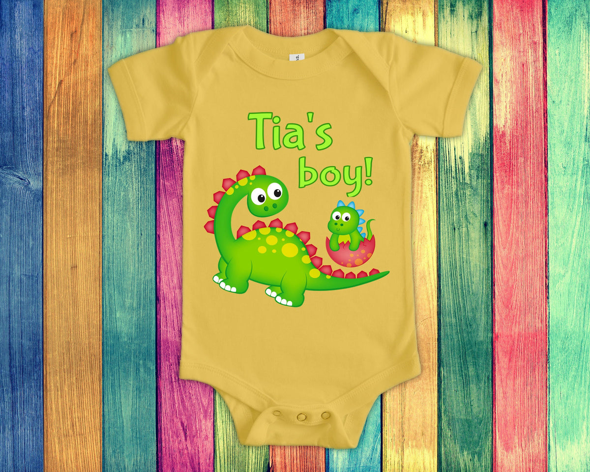 Tia39s Boy Cute Aunt Name Dinosaur Baby Bodysuit Tshirt or Toddler Shirt for a Mexican Spanish Aunt Gift or Pregnancy Reveal Announcement Graphic Tee – Warm & Stylish · Trending Graphic Apparel