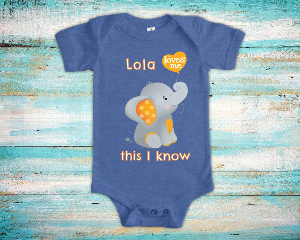 Lola Loves Me Cute Grandma Name Elephant Baby Bodysuit Unique Grandmother Gift for Granddaughter or Grandson or Pregnancy Announcement Graphic Tee – Everyday Comfort · Perfect For Daily Wear