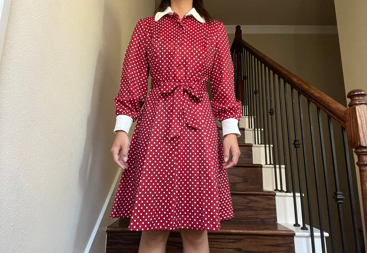 Vintage 70s Red Collared Polka Dot Long Sleeve Dress Size L Graphic Tee – Feel-Good Design · Must-Have Style