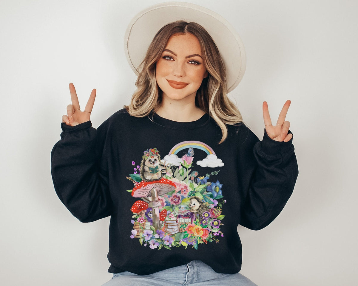 Hedgehog Sweatshirt with Rainbows and Books Cute Sweatshirt for Elementary Teacher or School Librarian Dreamcore Mushroom Shirt Sweatshirt – Everyday Comfort · Top Pick For Any Outfit