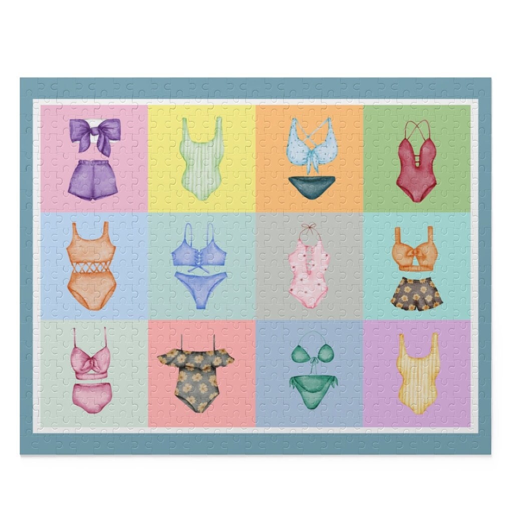 Pastel Summer Puzzle of Cute Retro Swimsuits 500 Pieces 16x20 Inches Summertime Puzzle Gift Beach Activity Fun Puzzle for Adults Graphic Tee – Cozy Vibes · High-Quality Print