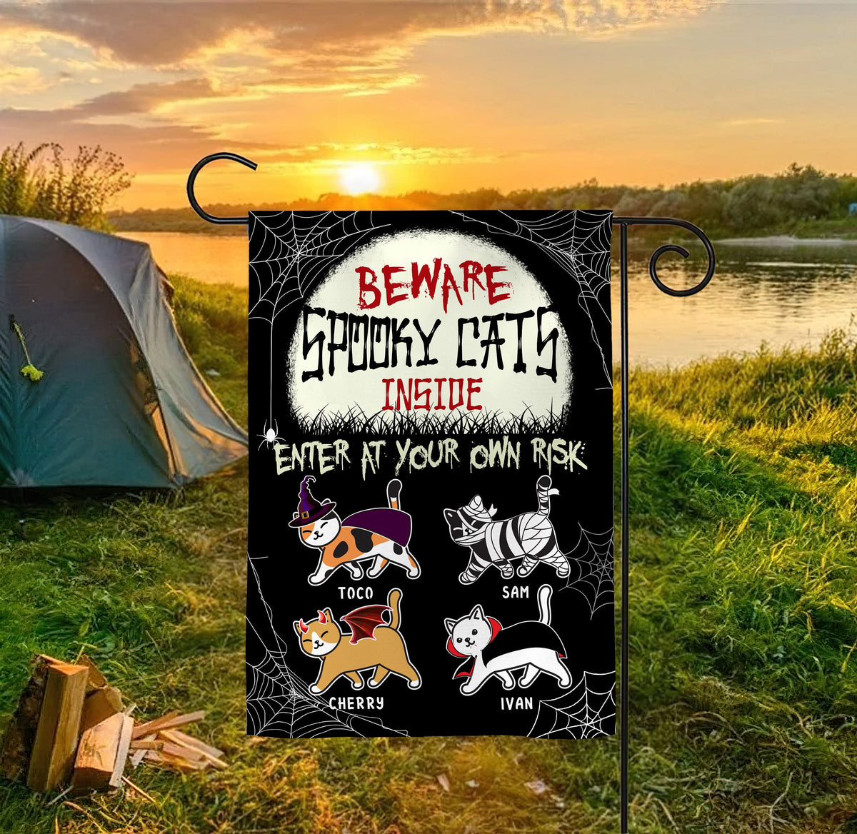 Halloween Flags Beware Spooky Cats Enter At Your Own Risk Personalized Cat Decorative Garden Flags Yard Decor Housewarming Gift Graphic Tee – Aesthetic Look · High-Quality Print