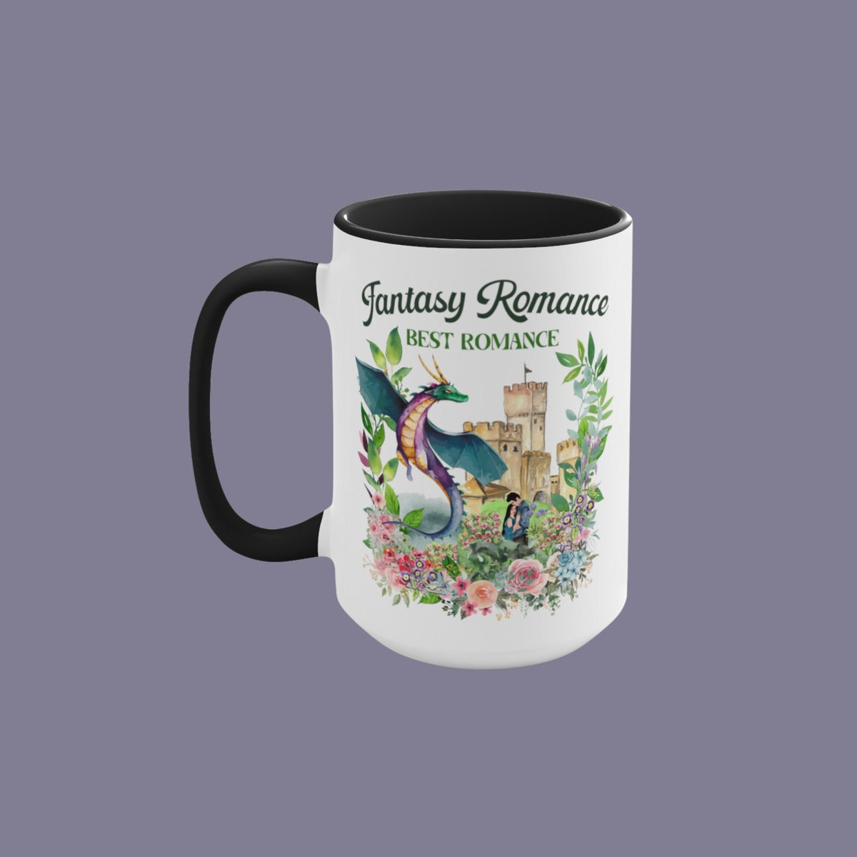 Bookish Gift Idea for Fanstasy Romance Book Lover 15 Oz Coffee Mug Best Romance Writer Gift Floral Coffee Mug with Dragon and Castle Graphic Tee – Premium Graphic · High-Quality Print