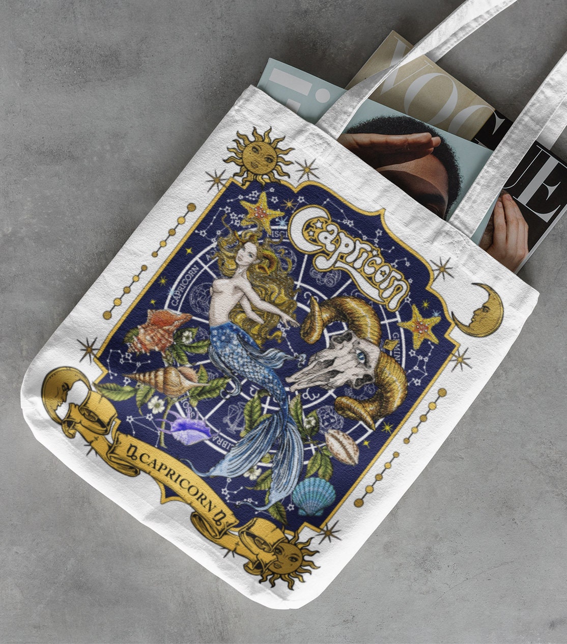 Capricorn Skull Tote Zodiac Mermaid Print Sun Moon Graphic Celestial Gothic Seashell Sea Beach Comfort Shoulder Bag Aesthetic Purse Tote Bag – Everyday Comfort · High-Quality Print