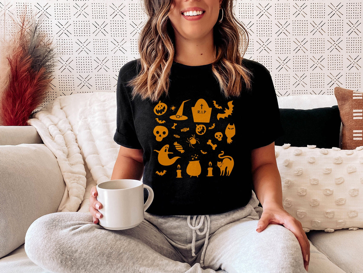 Spooky Print Halloween TShirt Cute Halloween Shirt Womens Halloween TShirt Graphic Tee – Soft Feel · High-Quality Print