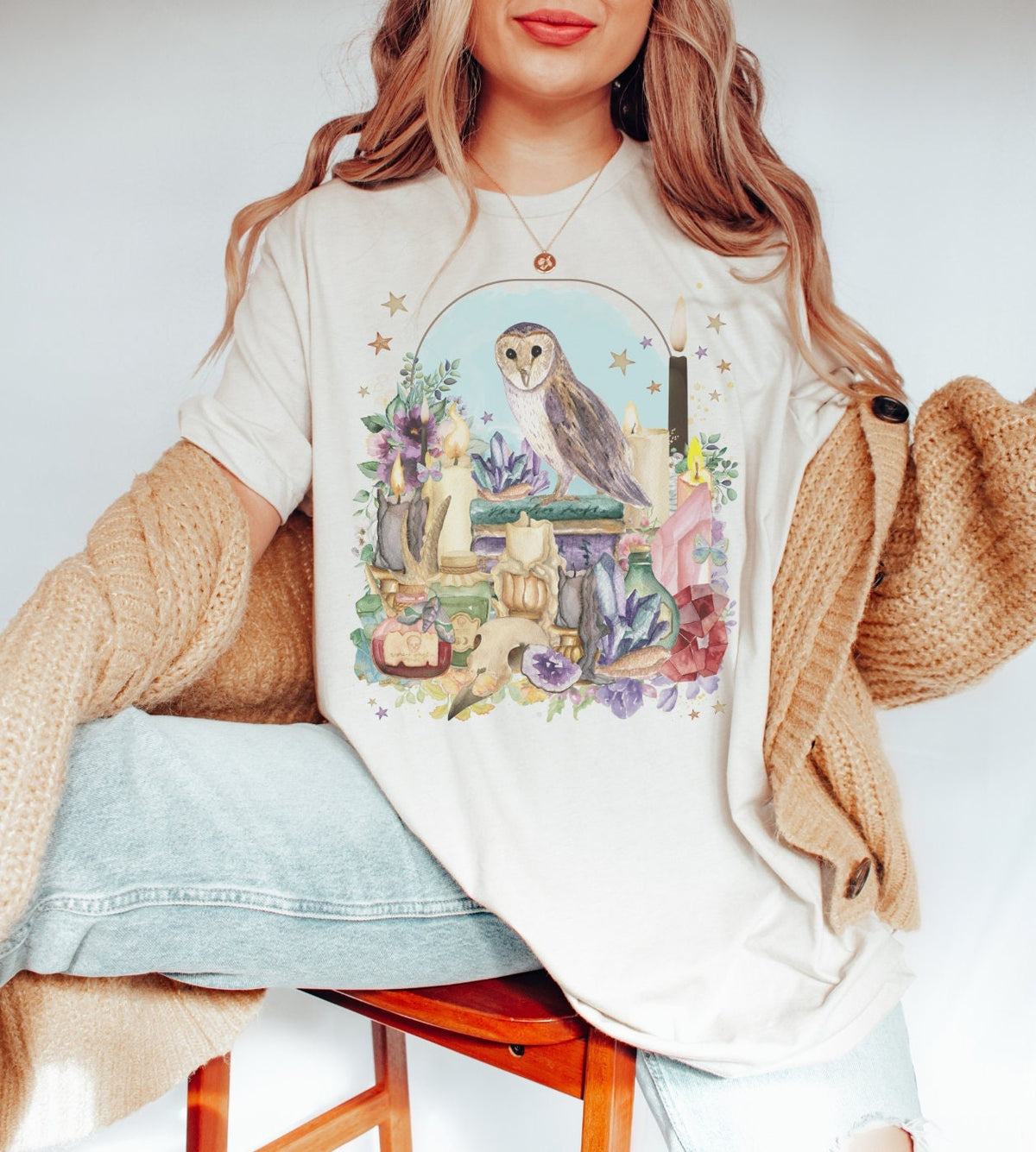 Owl Tee Shirt of Watercolor Owl with Books and Candles Flowers Floral Owl TShirt with Spooky Owl Spooky Halloween Tee Shirt Fall Tee Graphic Tee – Premium Graphic · Great Gift For Fans