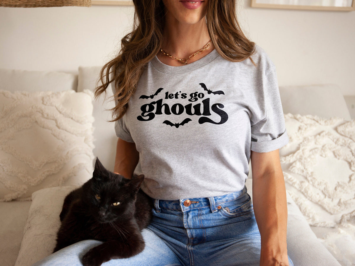 Retro Halloween Shirt Lets Go Ghouls Shirt Grey Halloween TShirt Cute Halloween Pun Shirt Womens Halloween TShirt Graphic Tee – Bold Style · Perfect For Daily Wear