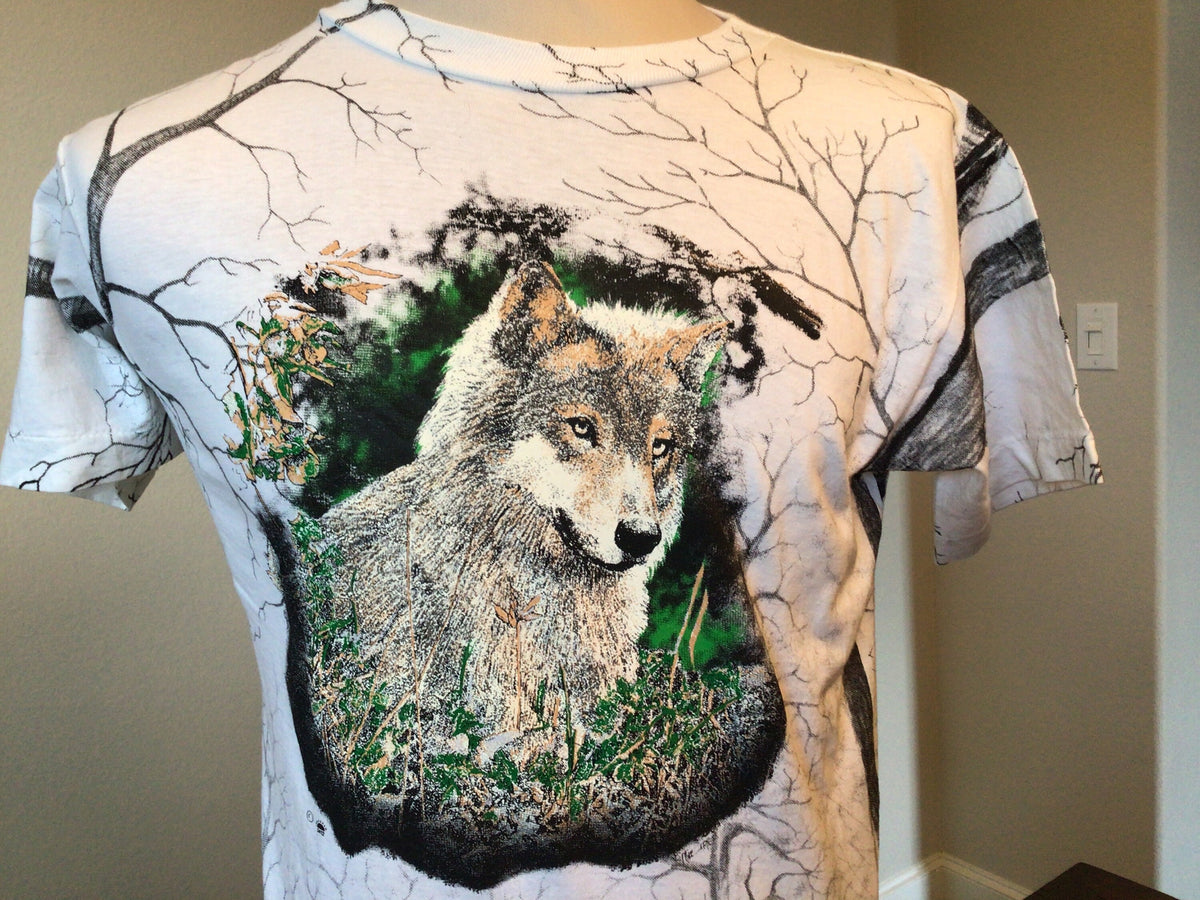 Vintage 90s Wolf in the woods design All Over Print TShirt M Graphic Tee – Easygoing Wear · Perfect For Daily Wear