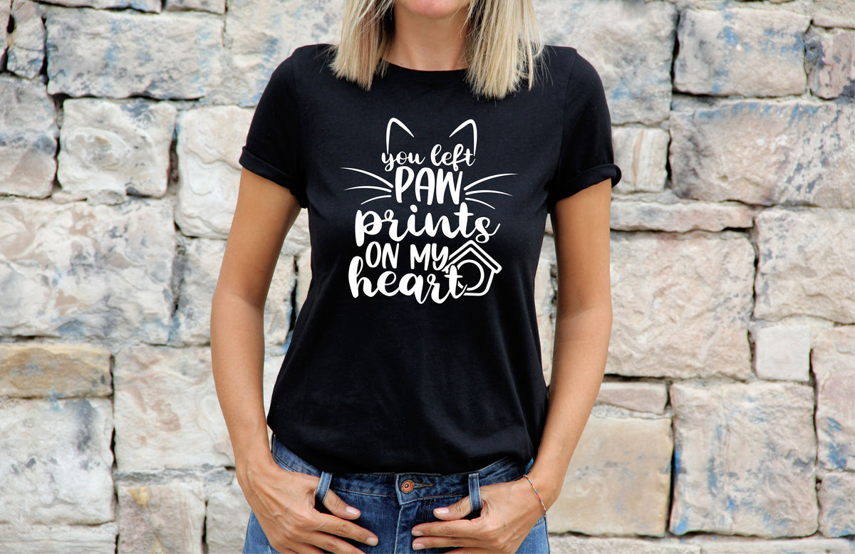Womens Cat TShirt Shirt Cat Lovers Gift For Cat Tee You Left Paw Prints On My Heart Graphic Tee – Everyday Comfort · Trending Graphic Apparel