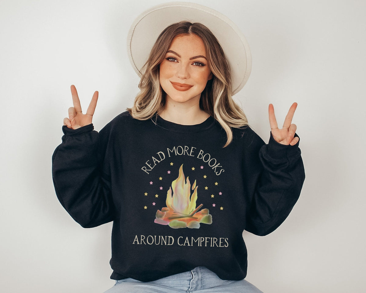 Bookish Sweatshirt with Camp Fire and Stars Read More Books Around Campfires Gift for Hiking Enthusiast or Book Lover Outdoor Reader Sweatshirt – Easygoing Wear · Must-Have Style