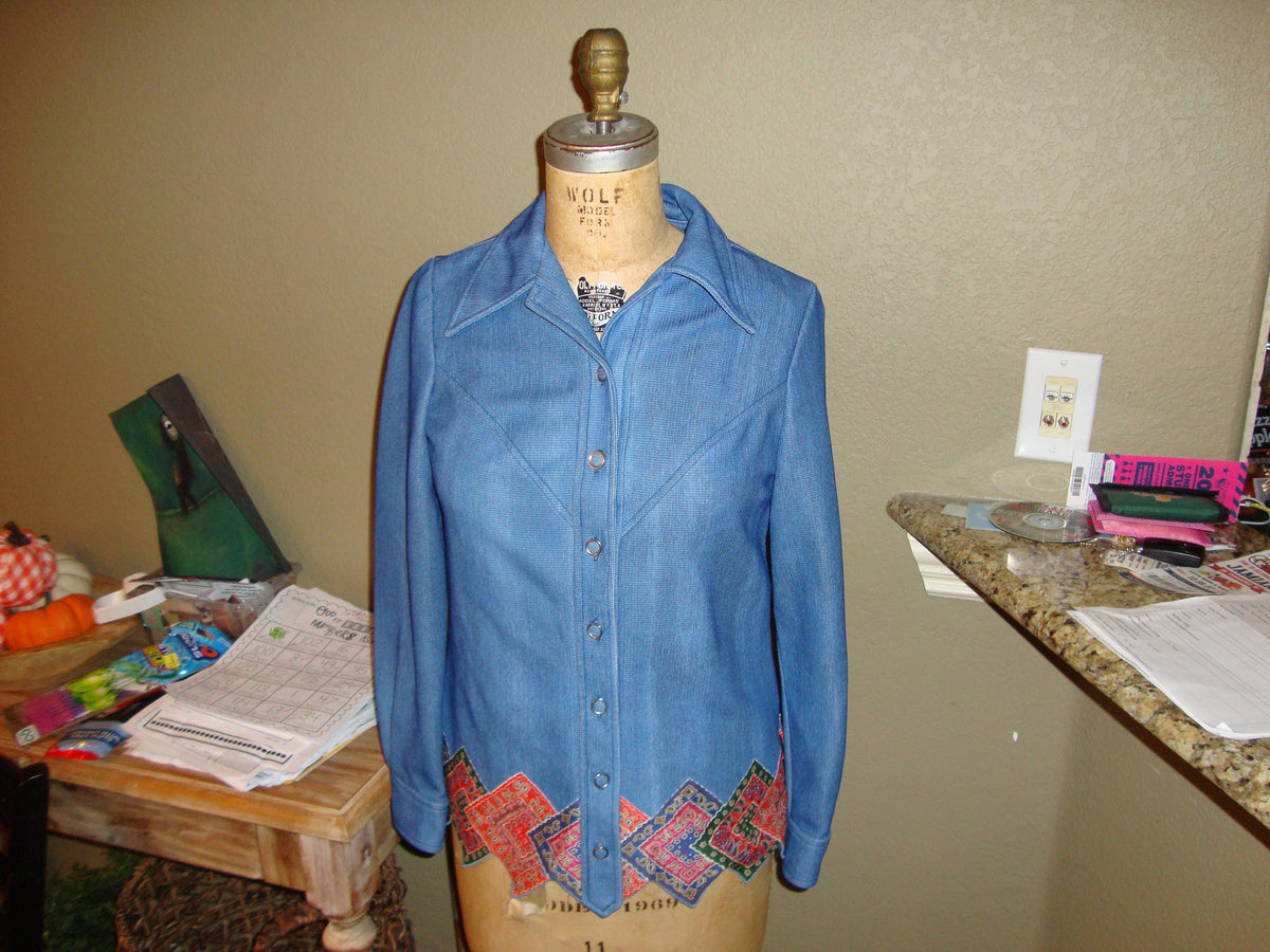 Vintage 7039s Miss Jane Denim Long Sleeve Disco Collar Button Down Ladies Shirt S Graphic Tee – Cozy Vibes · Must-Have Style