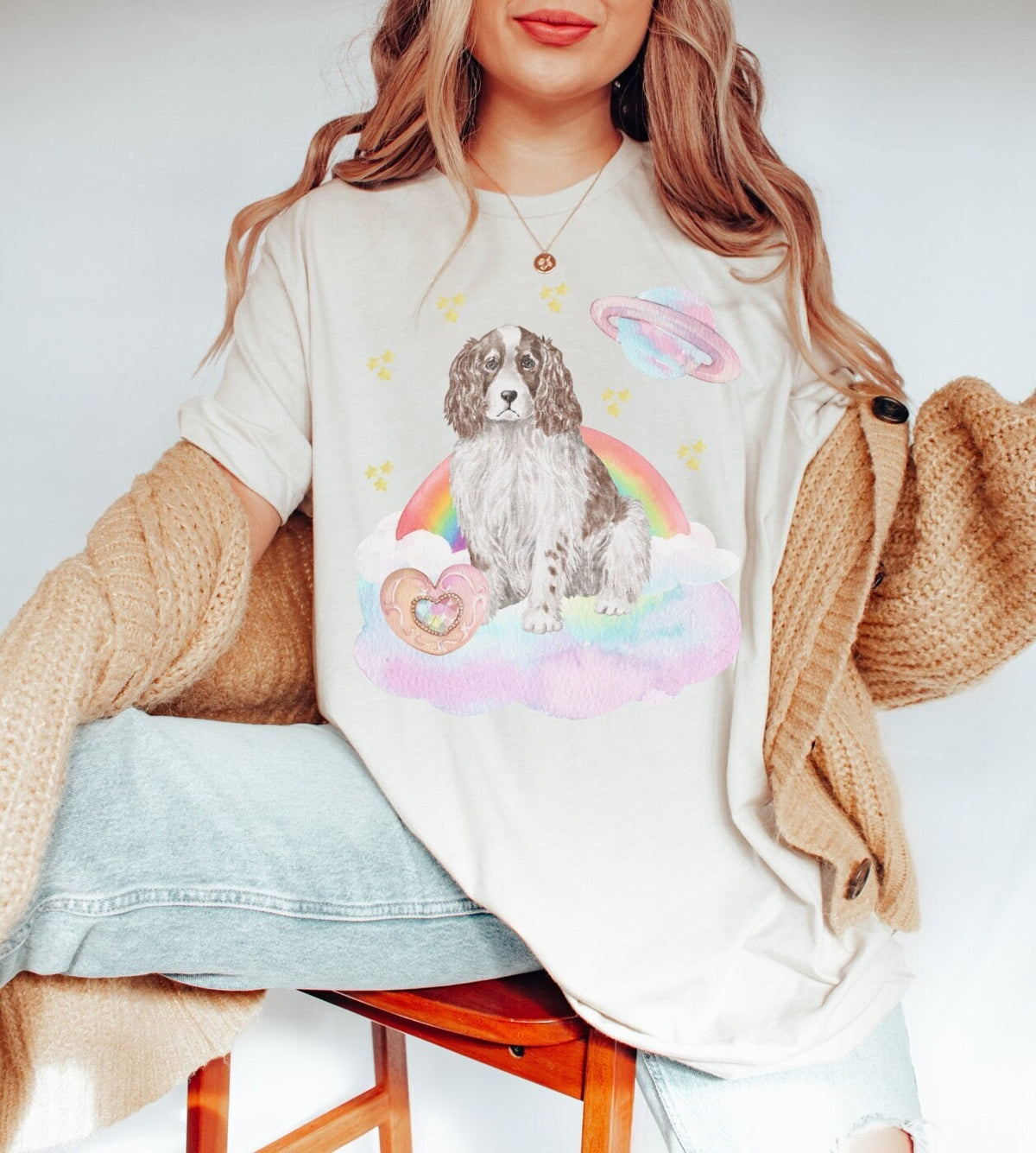 Tee Shirt with Cute Rainbow and Adorable Dog 90s Throwback TShirt with Mystical Stars Kitschy Maximalist Shirt with Pup Gift for Dog Mom Graphic Tee – Fan Favorite · Must-Have Style