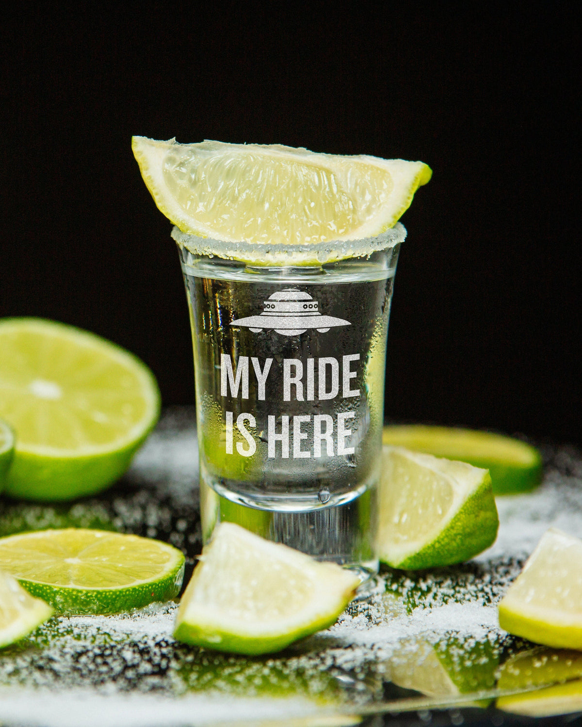 Funny UFO Shot Glass My Ride Is Here UFO Hunting Alien Shot Glass Extraterrestrial Ufology Gift Flying Saucer Graphic Tee – Fan Favorite · Must-Have Style