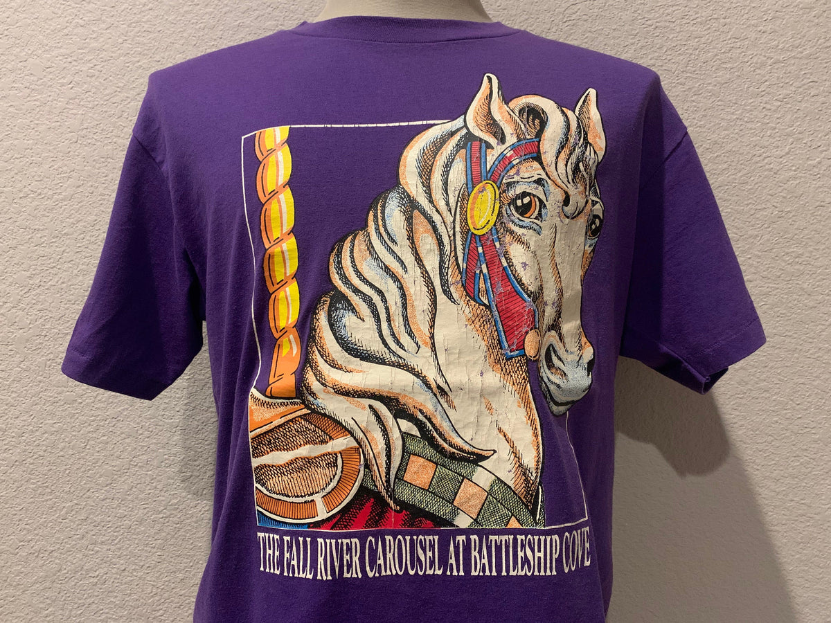 Vintage 80s The Fall River Carousel at Battleship Cove Horse Purple T Shirt Size L Graphic Tee – Premium Graphic · High-Quality Print