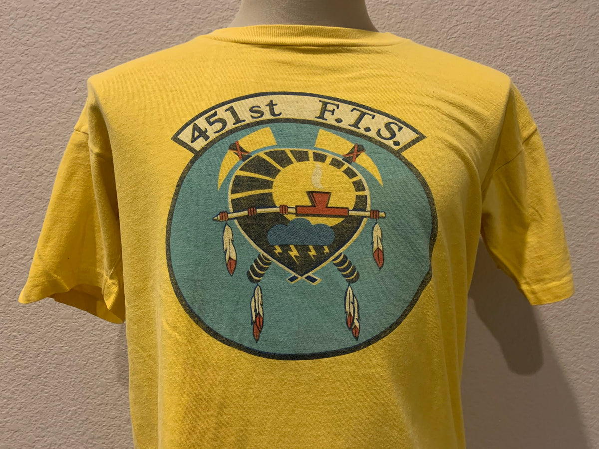 Vintage 80s 451st FTS Indian Native American Yellow T Shirt Size M Graphic Tee – Bold Style · Perfect For Daily Wear