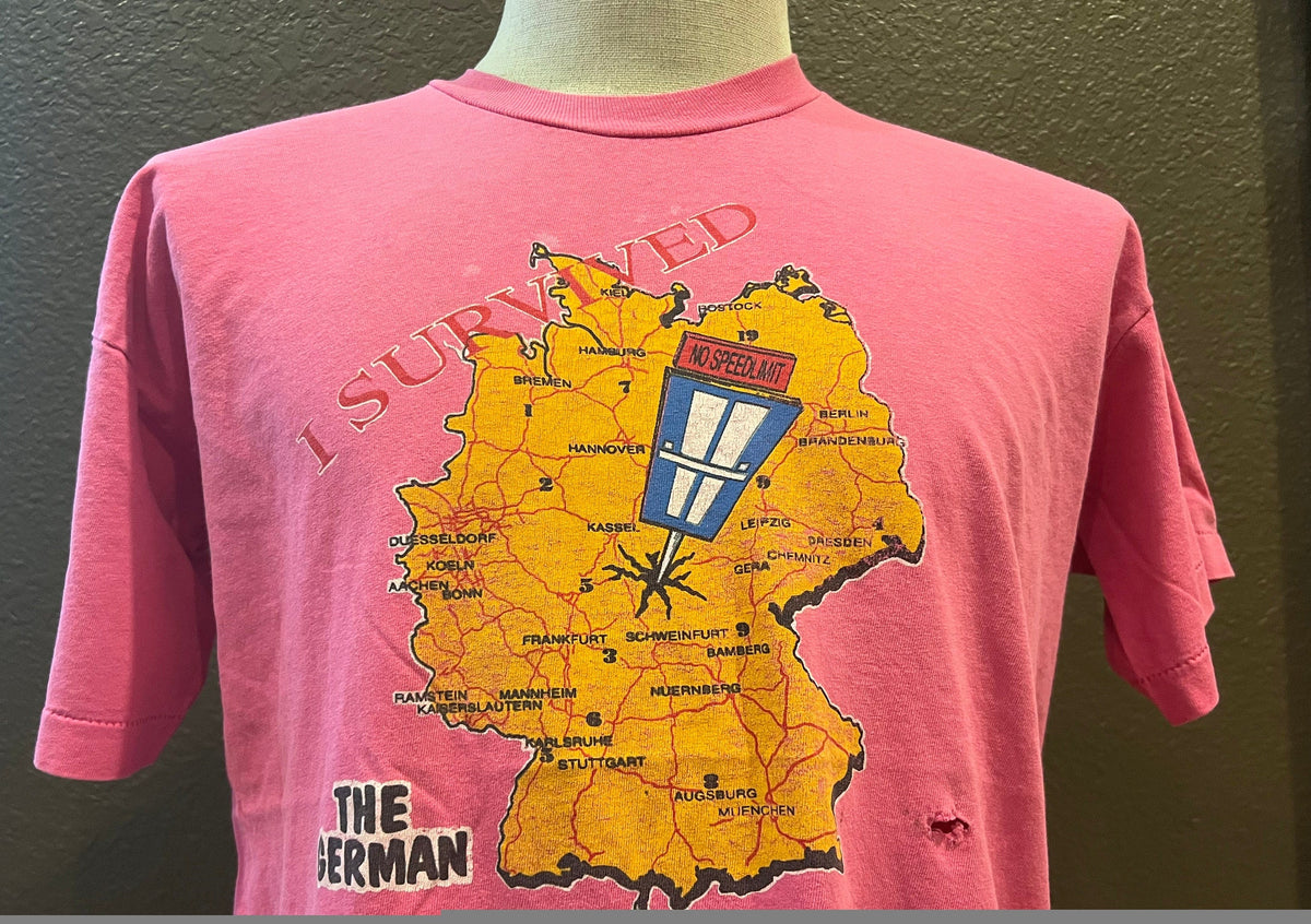 Vintage 8039s I Survived the German Autobahn Pink T Shirt Size L Graphic Tee – Bold Style · Must-Have Style
