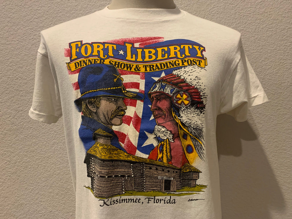 Vintage 80s Fort Liberty Dinner Show and Trading Post White T Shirt Size M Graphic Tee – Bold Style · Must-Have Style