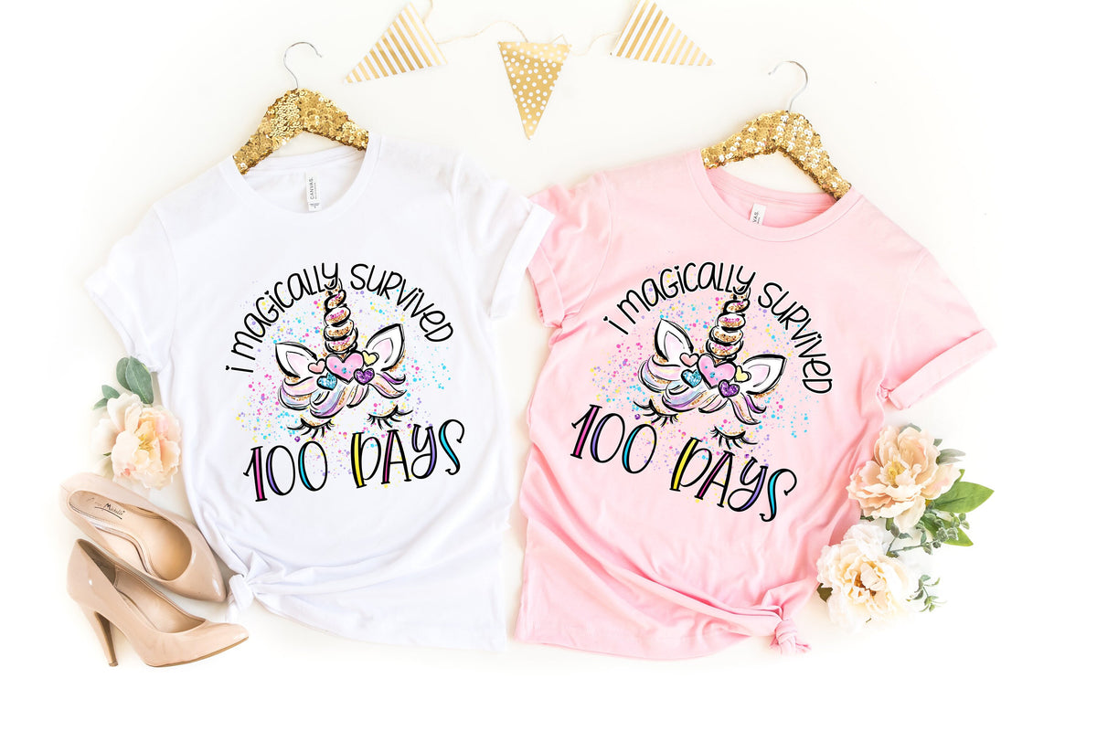 I Magically Survived 100 Days shirt100 Days Brighter ShirtTeacher Shirt100th Day Of SchoolBack To School ShirtUnicorn 100 days Shirt Graphic Tee – Aesthetic Look · Great Gift For Fans