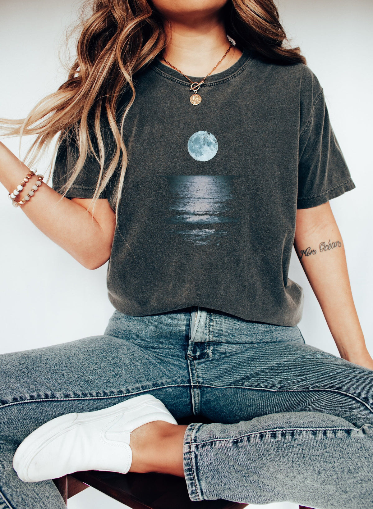 Moon On Ocean Shore Moon Reflection Night Beach Celestial Shirt Astronomy Moon Tshirt Pigment Dyed Graphic Tee – Easygoing Wear · Great Gift For Fans
