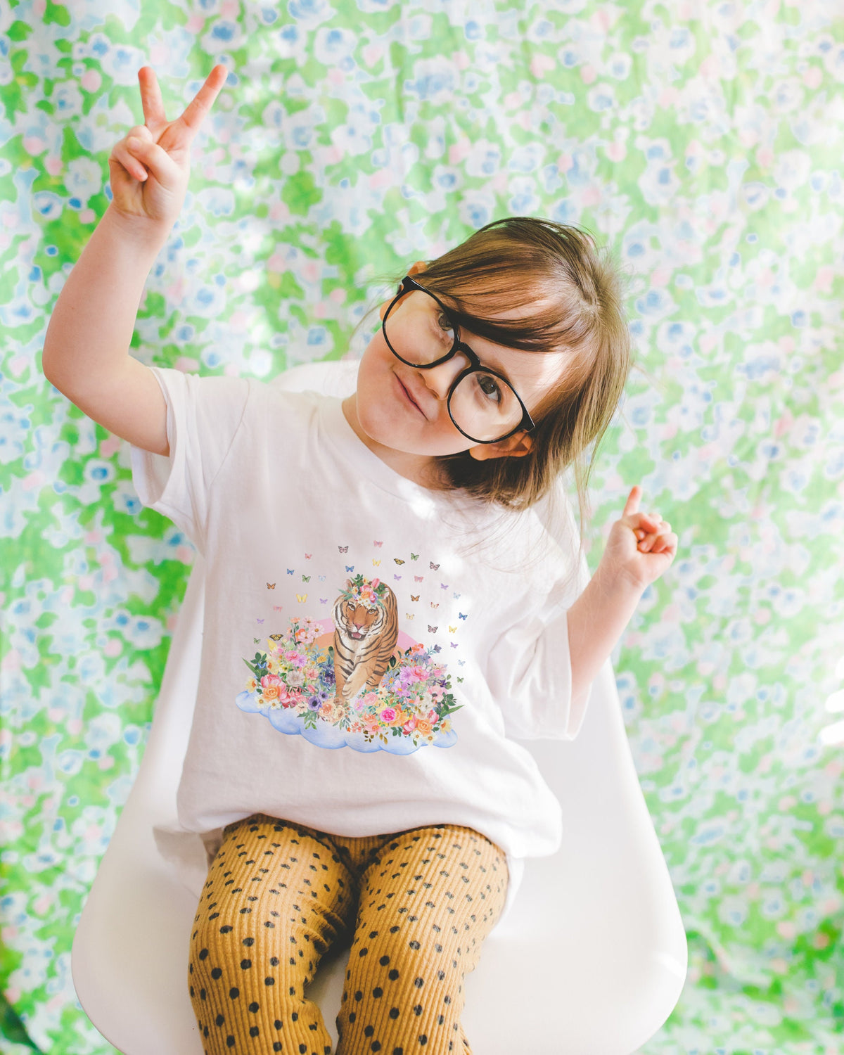 Funny Tiger Tee Shirt for Kids Tiger Walking on Floral Cloud Gift for Animal Lover Cute Butterfly Shirt for Spring 90s Throwback Tee Graphic Tee – Feel-Good Design · High-Quality Print