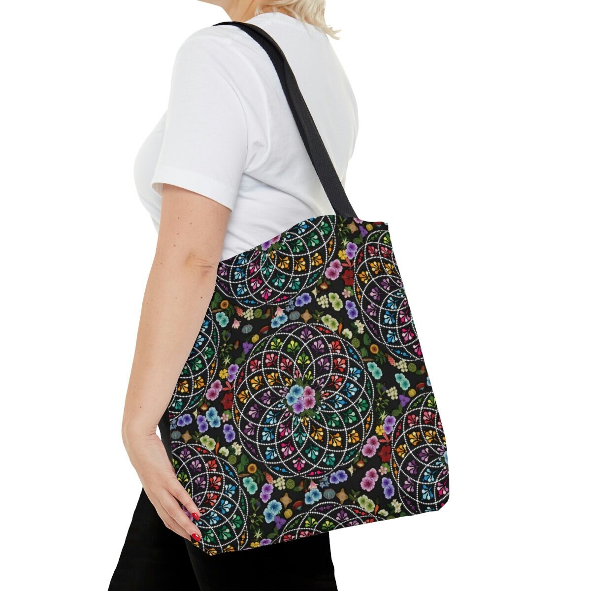Floral Mandala Tote Indie Flower Pattern Rainbow Graphic Boho Colorful Print Cool Aztec Handbag Trendy Shoulder Bag Aesthetic Tote Bag – Cozy Vibes · Trending Graphic Apparel