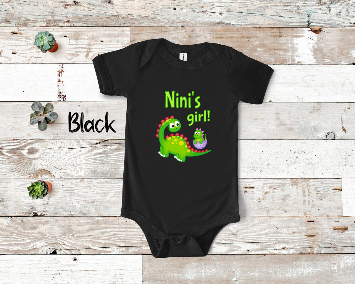 Nini39s Girl Cute Grandma Name Dinosaur Baby Bodysuit Tshirt or Toddler Shirt for a Special Grandmother Gift or Pregnancy Reveal Announcement Graphic Tee – Soft Feel · High-Quality Print