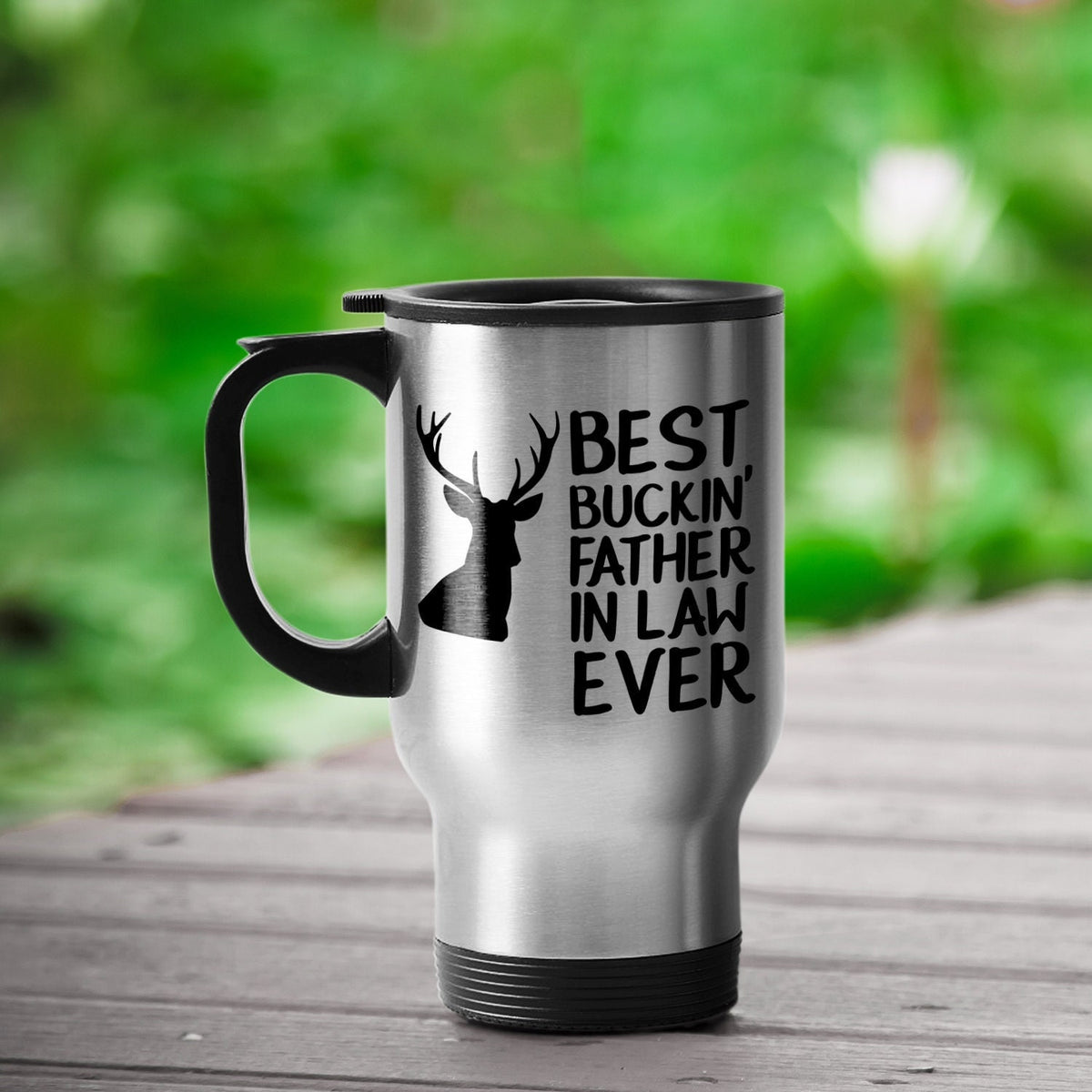Funny Hunting Travel Mug Gift for Father in Law Best Buckin39 Father in Law Ever Hunting Gift Hunter Gift 14 oz Stainless Steel Graphic Tee – Bold Style · Great Gift For Fans