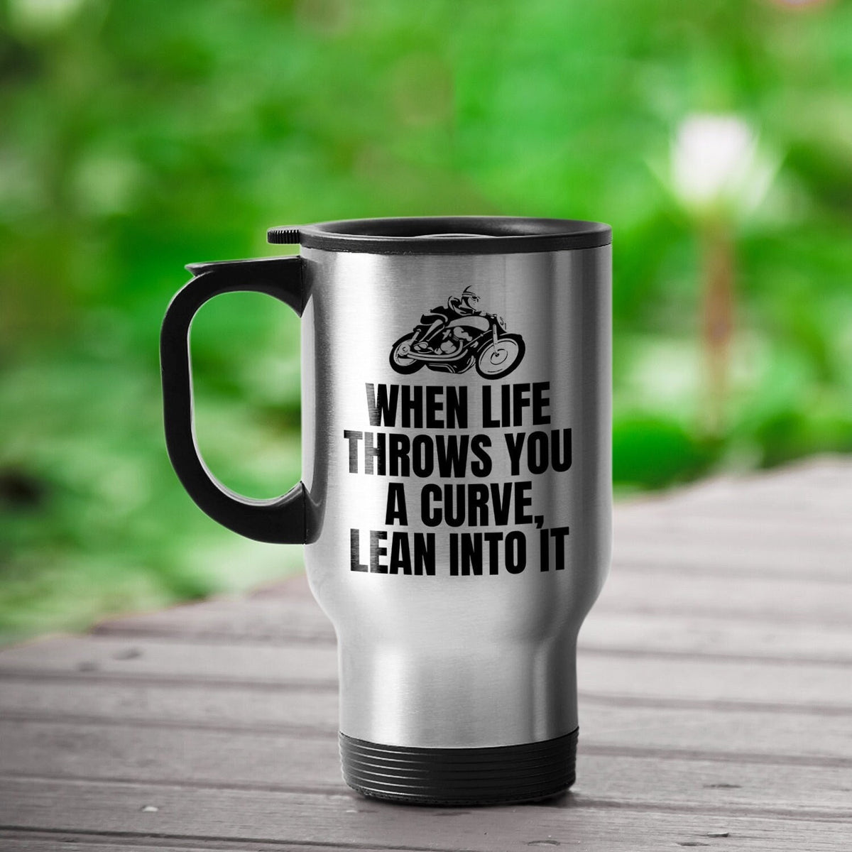 Biker Travel Mug Motorcycle Rider Gift When Life Throws You A Curve Motorbike Mug Graphic Tee – Everyday Comfort · Perfect For Daily Wear