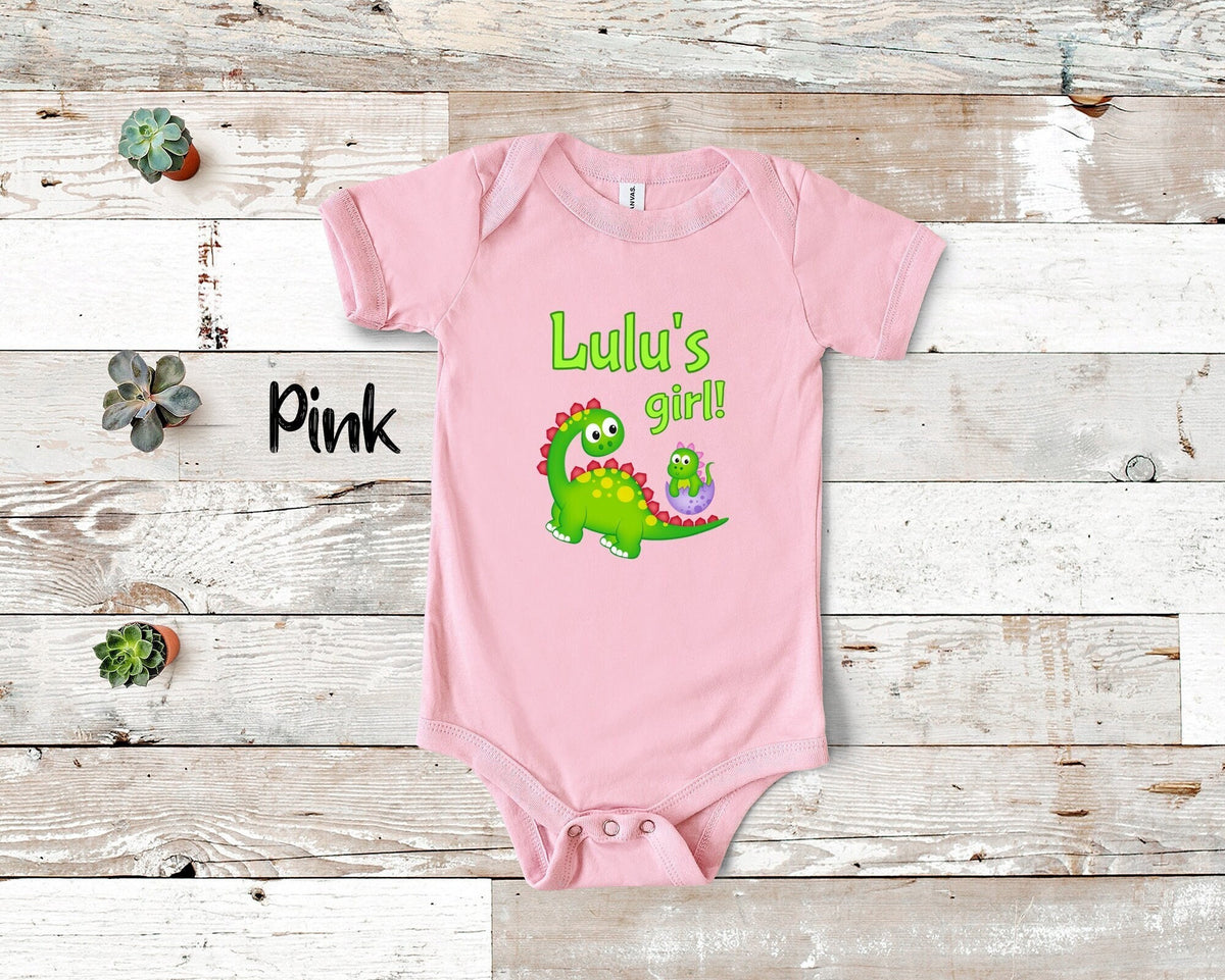 Lulu39s Girl Cute Grandma Name Dinosaur Baby Bodysuit Tshirt or Toddler Shirt for a Special Grandmother Gift or Pregnancy Announcement Graphic Tee – Easygoing Wear · High-Quality Print